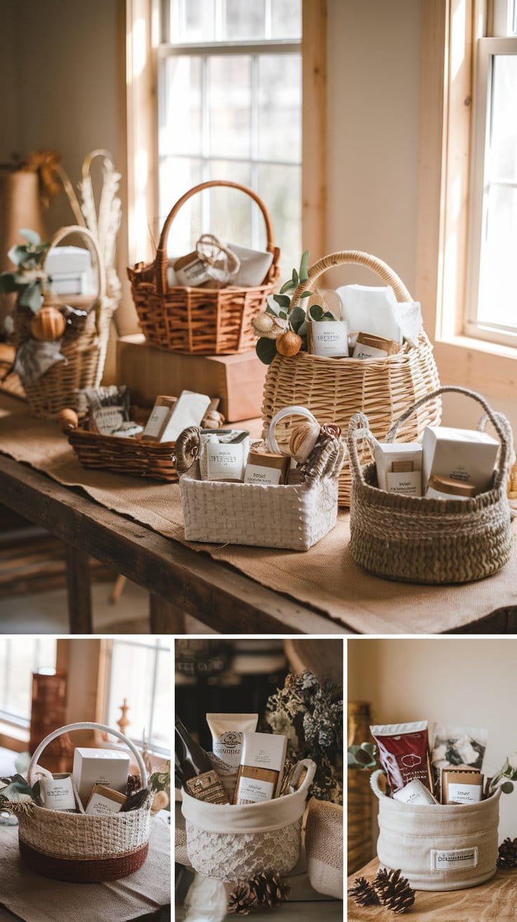 A rustic assortment of gift baskets featuring wicker, seagrass, and wire designs, filled with thoughtful budget-friendly items like gourmet treats and spa essentials, styled on a wooden table with natural accents like eucalyptus sprigs and dried flowers.