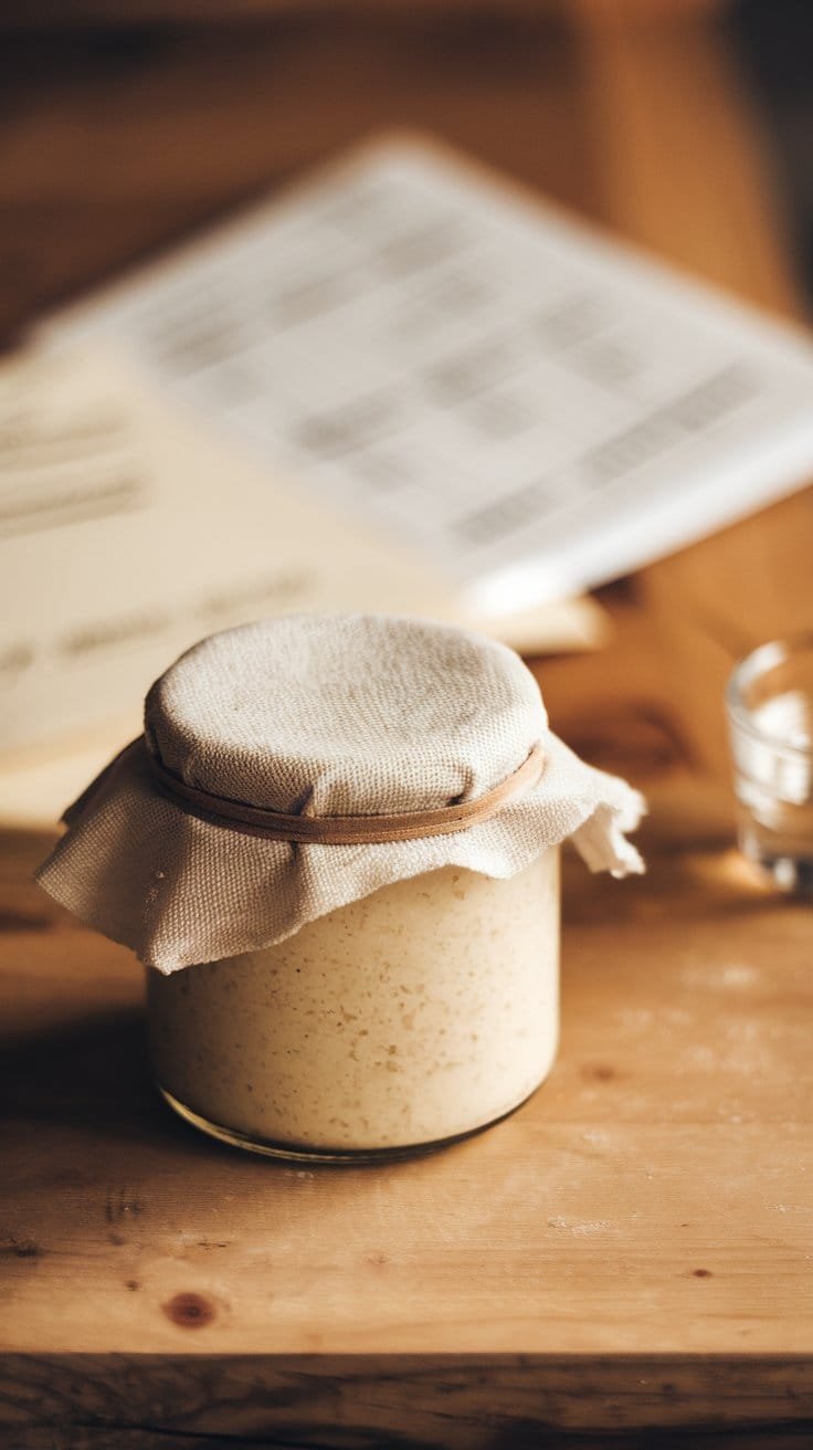 A jar of sourdough starter covered with a breathable fabric secured by a rubber band, placed on a rustic wooden table with soft, natural lighting and a blurred background.