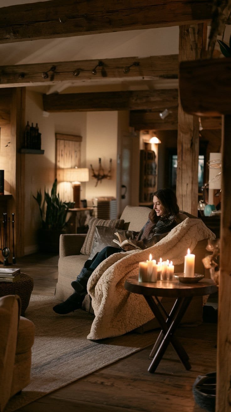 cozy comfort items A young woman reading a book by candlelight in a cozy, dimly lit room. She sits comfortably wrapped in a knit blanket, with glowing candles creating a warm, inviting ambiance on a rustic wooden table nearby.
