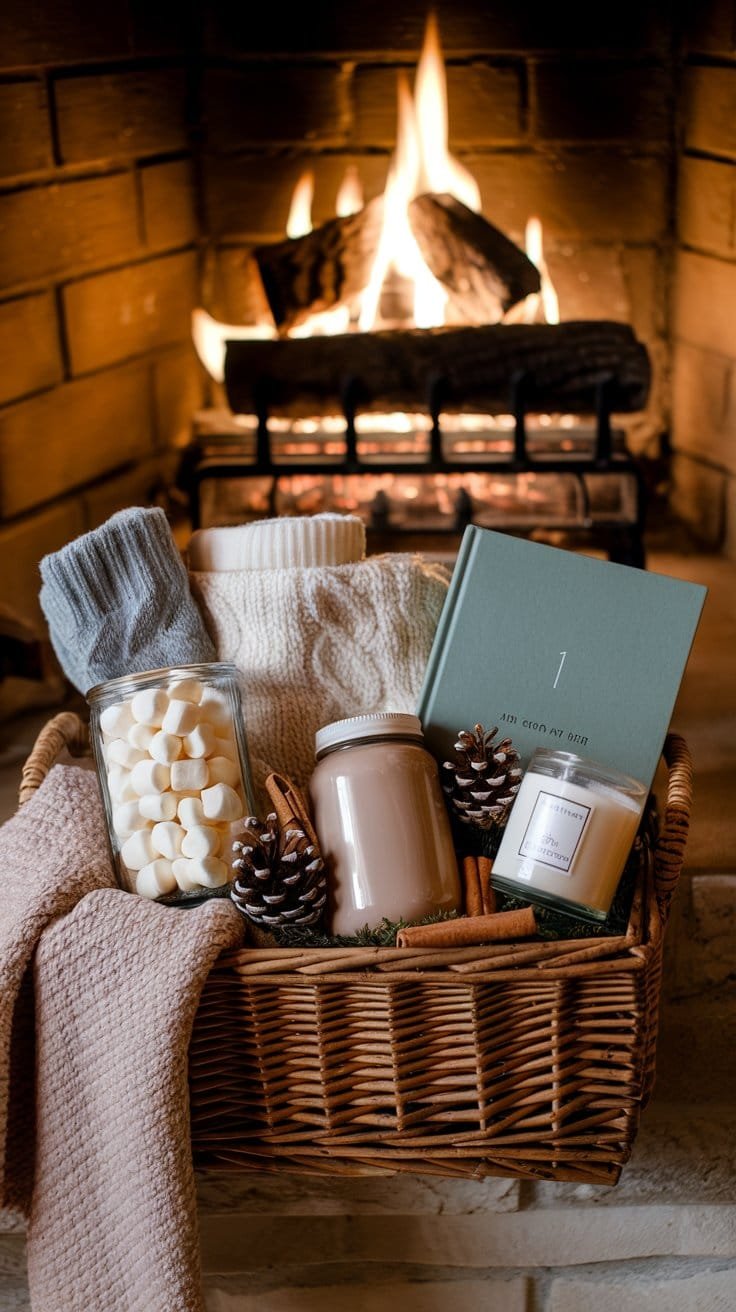 burr basket items A cozy winter gift basket with fuzzy socks, a knit blanket, a jar of hot chocolate mix, marshmallows, and a pine-scented candle, accented with pinecones and cinnamon sticks near a warm fireplace.