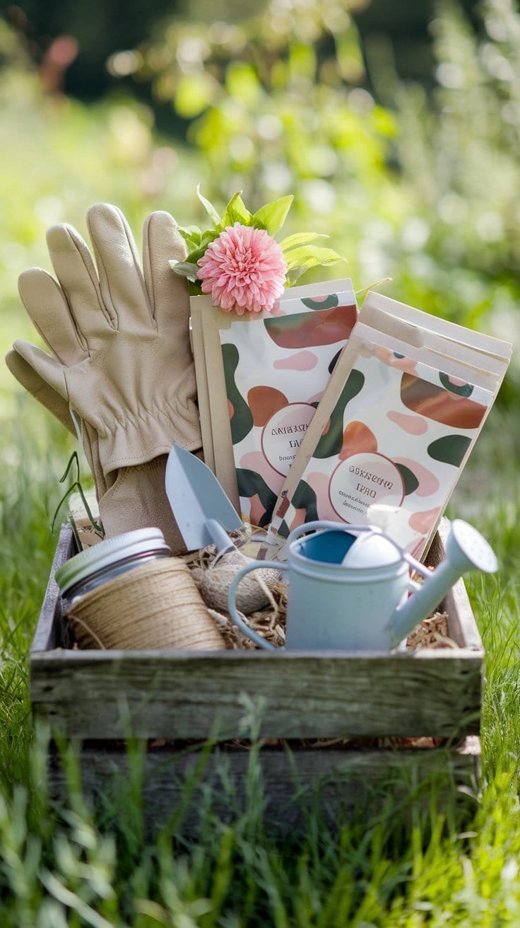 A gardening-themed gift basket in a wooden crate, filled with gloves, a spade, seed packets, a mini watering can, and a mason jar of twine, surrounded by greenery and fresh flowers.