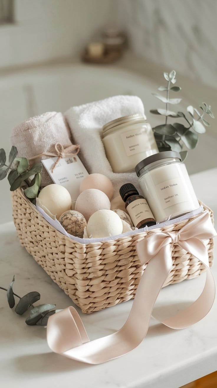burr basket A spa-themed gift basket in a seagrass basket filled with bath bombs, a rolled towel, lavender salts, and a white candle, decorated with eucalyptus sprigs and a silk ribbon on a white marble countertop.