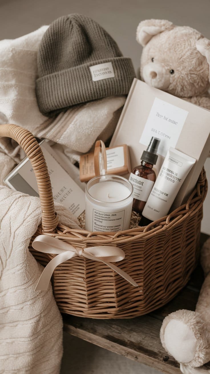 burr basket trend A beautifully curated gift basket in a woven wicker basket tied with a cream ribbon. The basket includes cozy items such as a knit beanie, a teddy bear, a scented candle, skincare products, and books, all arranged neatly for a warm and inviting presentation.