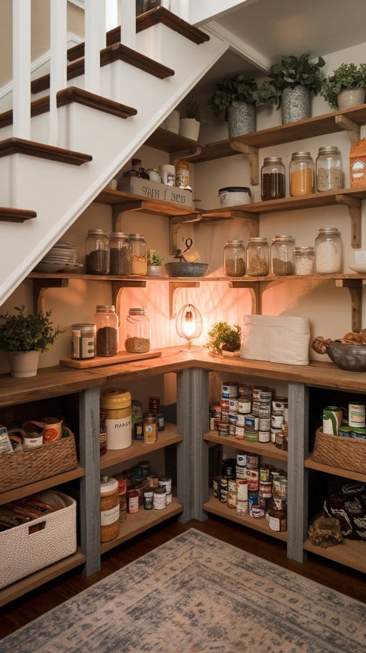Under Stairs Pantry Design Elements Create a warm and functional under-the-stairs pantry with rustic wooden shelves, cozy lighting, and organized jars and baskets for a charming storage solution.