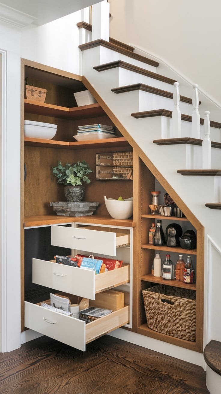 Under Stairs Pull-Out Pantry Storage Maximize your storage space with this elegant under-the-stairs pantry design. Featuring pull-out drawers, open shelving, and natural wood finishes, it's perfect for combining style and functionality.
