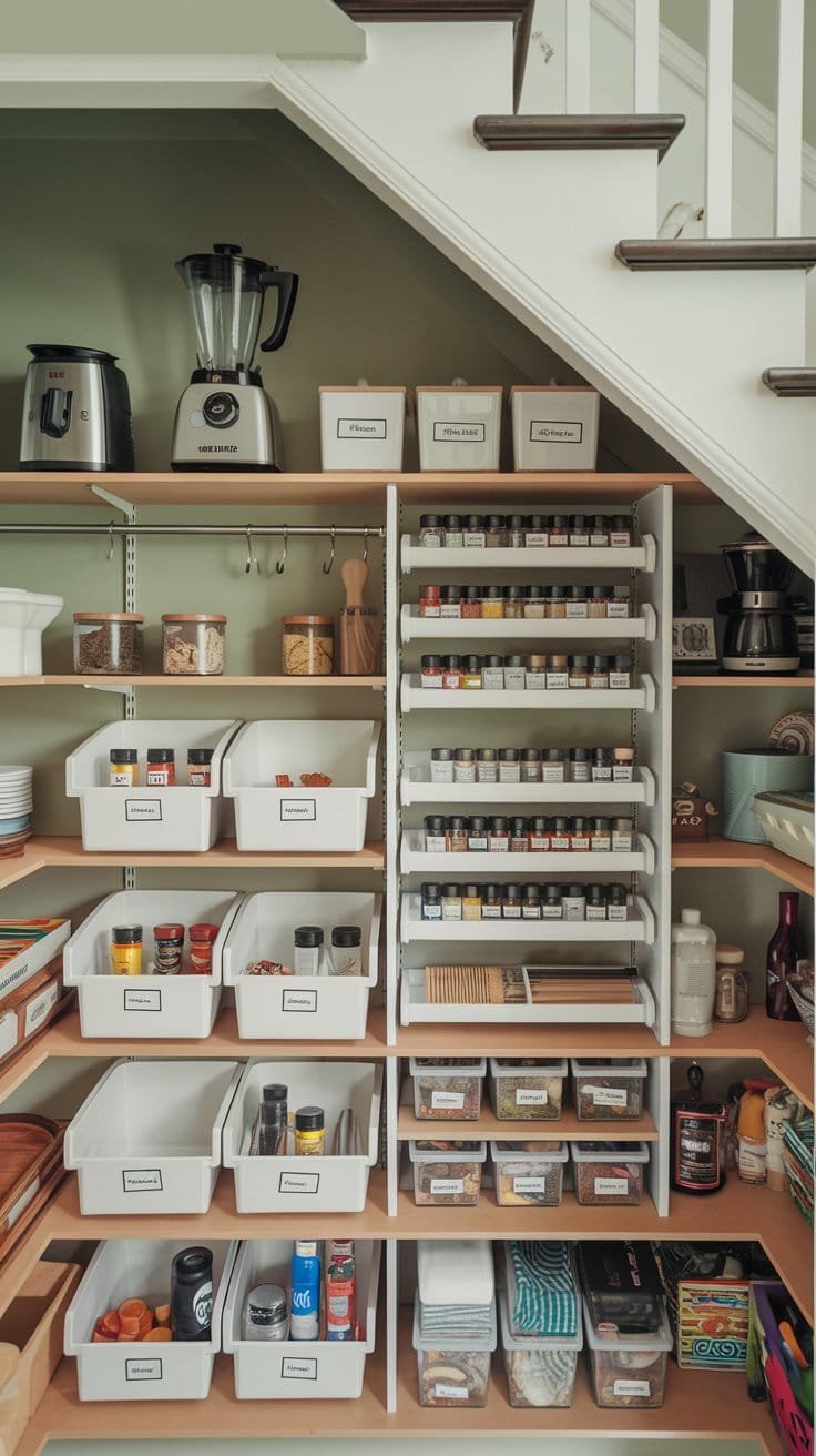 Under Stairs Storage Planning Transform your under-the-stairs space into a practical pantry with labeled bins, spice racks, and smart shelving. This clever under-the-stairs pantry idea maximizes organization and storage.