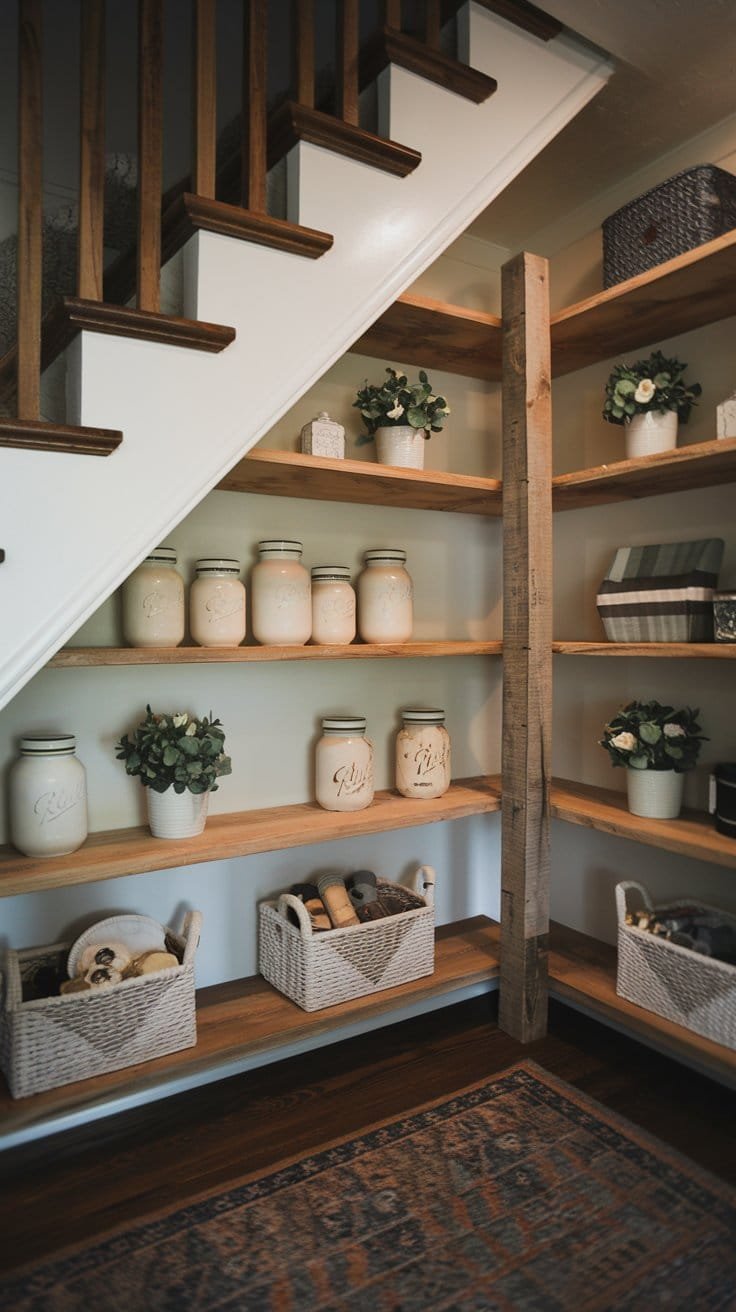 Understairs Pantry Shelving Ideas Achieve a rustic and functional under-the-stairs pantry with wooden shelves, vintage jars, and woven baskets for an inviting and organized storage solution.