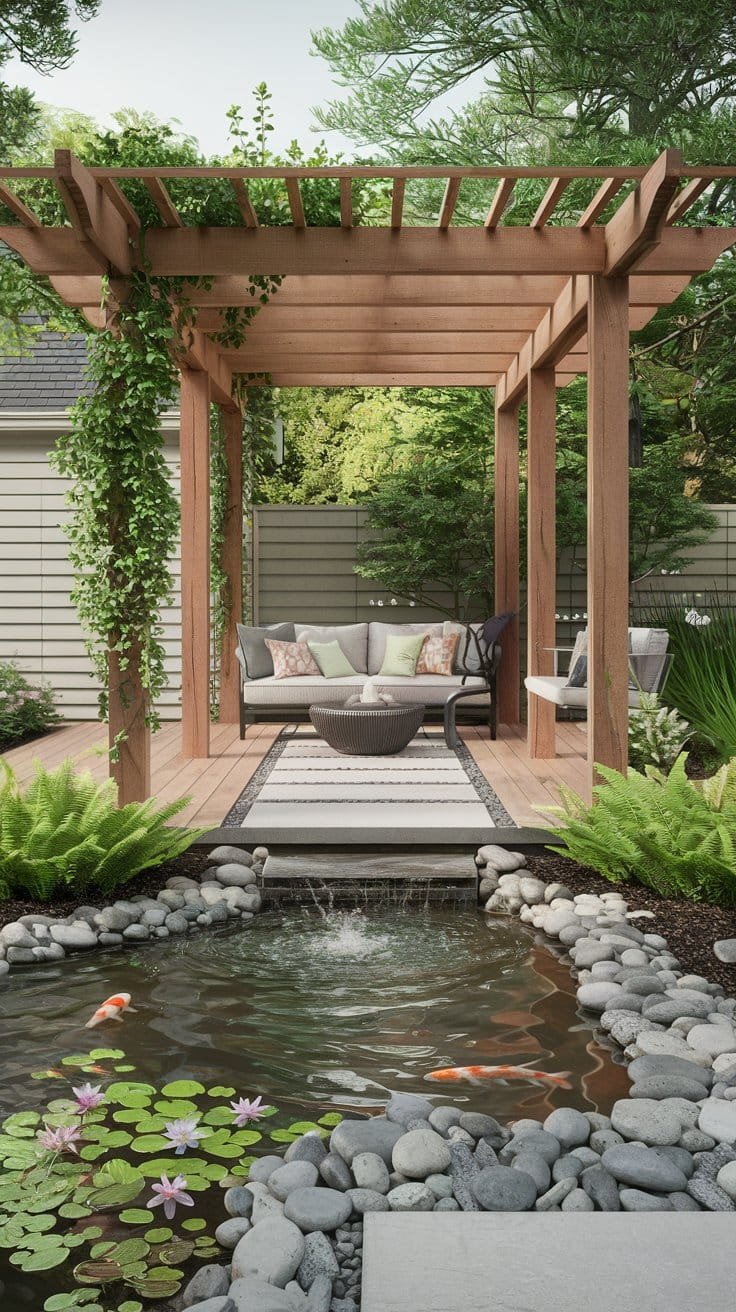 Create a tranquil garden retreat with a pergola featuring a water feature like a fountain or small pond. The soothing sounds of water enhance your outdoor space, making it the perfect spot for relaxation. Discover how to integrate a pergola into your garden with a water feature that adds beauty and serenity to your backyard garden pergola. This design creates a peaceful, visually stunning oasis.