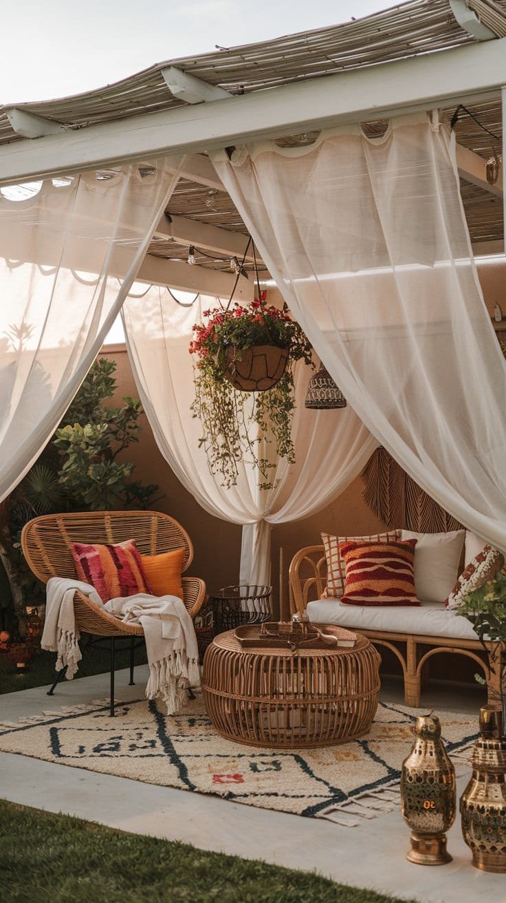 Add a dreamy, eclectic vibe to your outdoor space with a bohemian-style pergola. This design incorporates flowing sheer curtains, rattan furniture, and vibrant textiles, creating a cozy retreat for relaxation. Explore the best garden pergola styles for a laid-back, artistic outdoor space. Learn how to integrate a pergola into your garden with unique decor like macramé and string lights to create a boho-inspired backyard garden pergola.