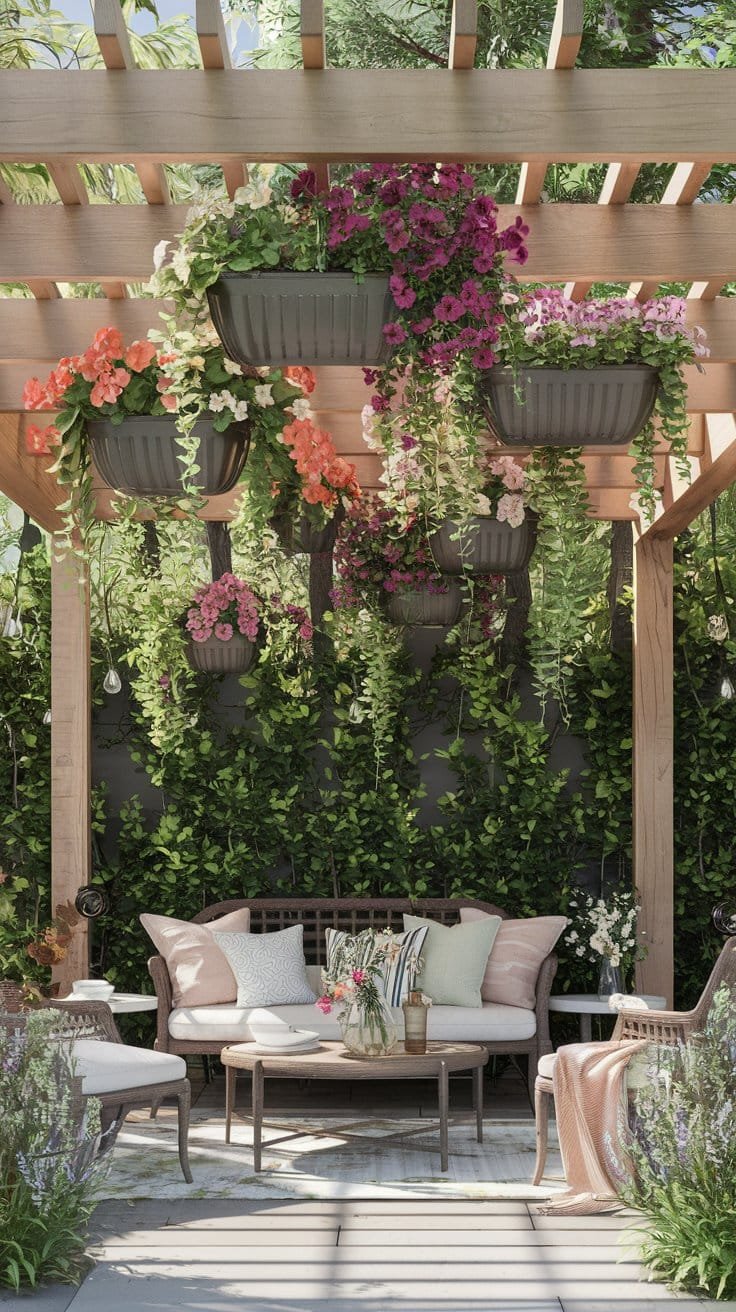 Maximize vertical space with a pergola featuring hanging planters, perfect for small gardens. This design introduces cascading flowers and vibrant greenery to create a stunning focal point in your outdoor retreat. Explore unique garden pergola ideas that transform your backyard garden pergola into a colorful haven. Learn how to integrate hanging planters into your pergola design for added texture and charm.