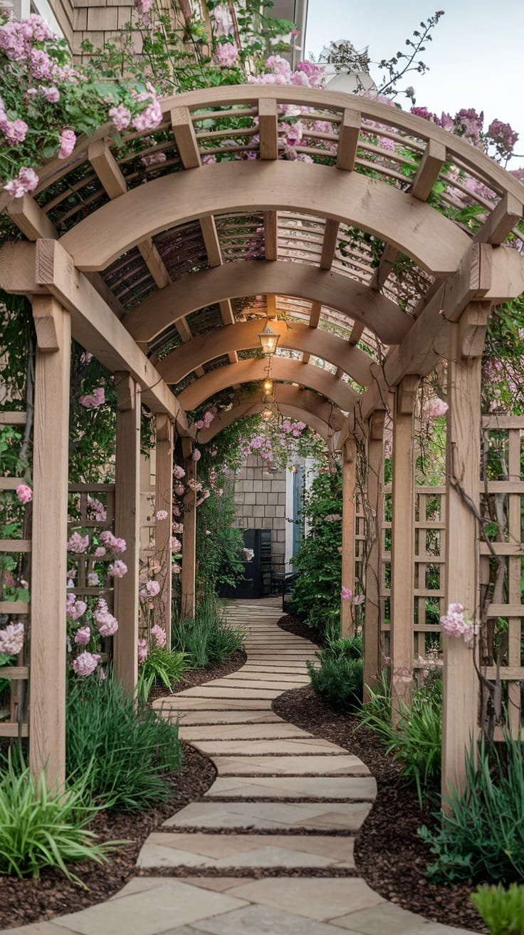 Create a magical garden pathway with a pergola that frames your walkway. This enchanting pergola design adds a touch of elegance and charm to any garden path. Learn how to integrate a pergola into your garden by choosing the best pergola style for your space, whether rustic or modern. With climbing vines and ambient lighting, this pergola transforms your outdoor path into a welcoming and beautiful feature.