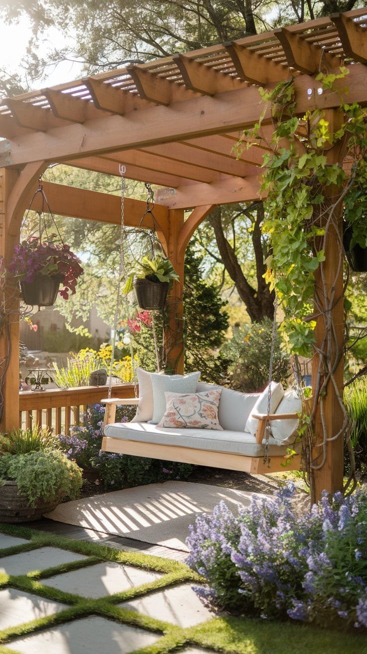 Add a cozy swing under your pergola to create a relaxing retreat in your garden. Perfect for reading nooks or quiet escapes, a pergola with a swing enhances your outdoor space with comfort and tranquility. Explore garden pergola ideas that maximize comfort and style. Whether you're relaxing or hosting friends, this pergola design is a must-have for your backyard garden pergola.