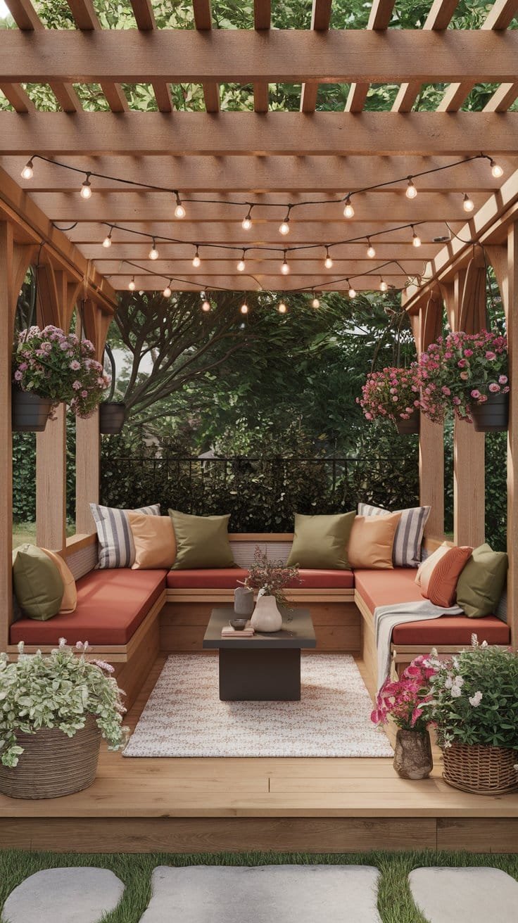Transform your pergola into an intimate gathering space with built-in seating. Perfect for relaxation or entertaining, this design maximizes space while offering a cozy and inviting atmosphere. Explore garden pergola ideas that combine function and style, and learn how to integrate a pergola into your garden with comfortable seating solutions. This built-in seating pergola design is ideal for small gardens or large outdoor areas.