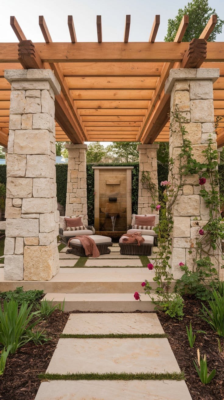 Combine natural stone columns with a wooden pergola top for a rustic and earthy aesthetic. This garden pergola design creates a harmonious balance that complements Mediterranean or cottage-inspired garden designs. The stone foundation adds a grounded feel while the wooden beams bring warmth to your pergola. Discover how to integrate a pergola into your garden to frame features like pathways or water fountains for a serene atmosphere.